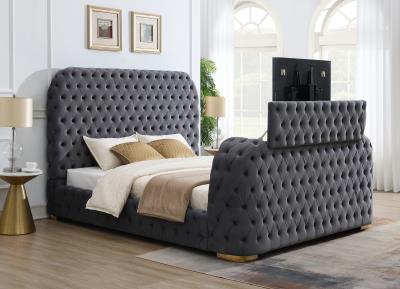 VELVET BED W/FIREPLACE, TV MOUNT & BLUETOOTH SPEAKER & USB