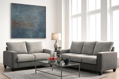 SOFA AND LOVESEAT TWO TONE GRAY CORDUROY CUSHIONS AND BACKS.