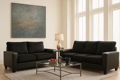 SOFA AND LOVESEAT BLACK CORDUROY CUSHIONS AND BACKS.