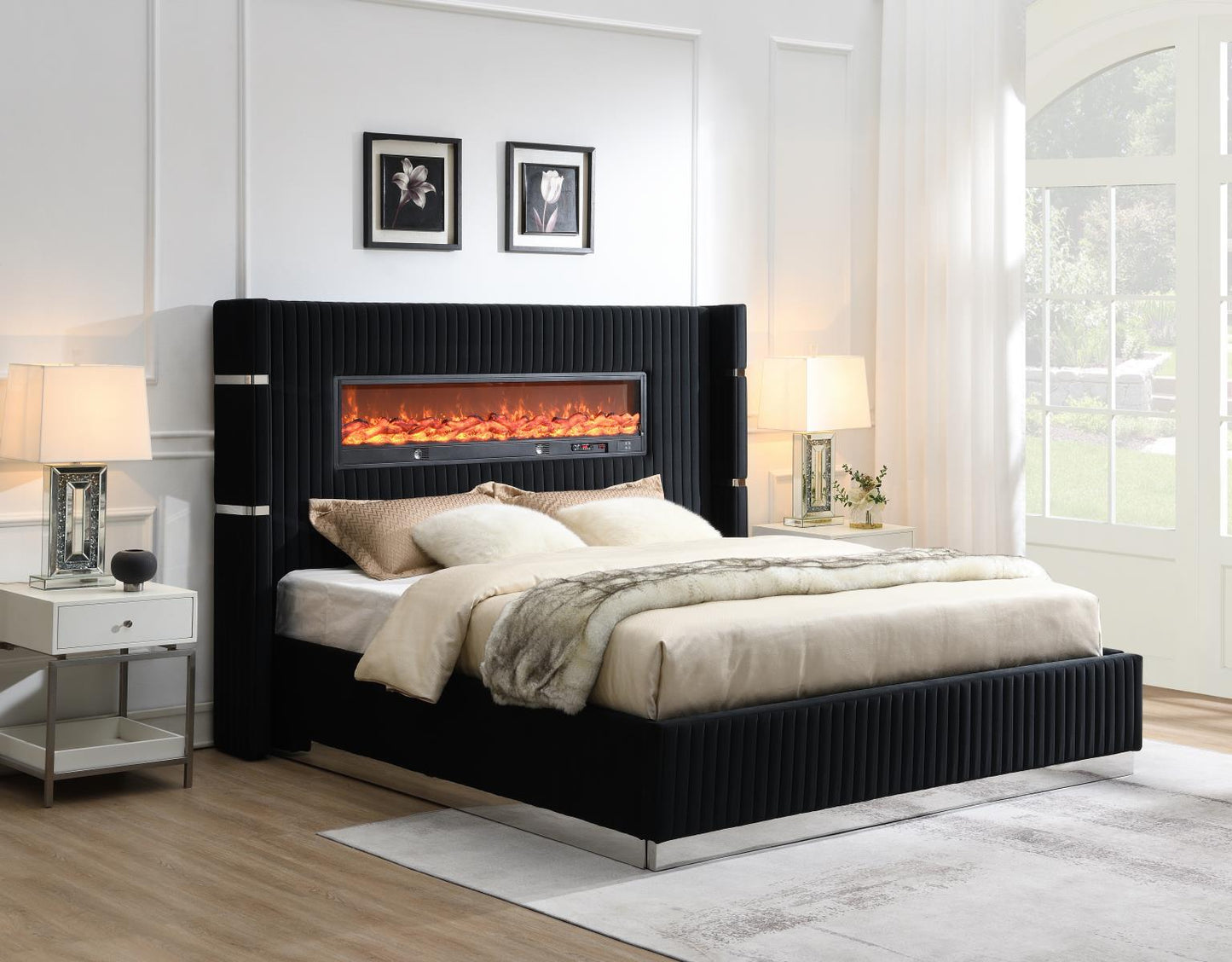 VELVET BED W/FIREPLACE & BLUETOOTH SPEAKER & USB