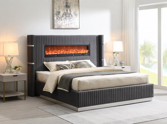 VELVET BED W/FIREPLACE & BLUETOOTH SPEAKER & USB