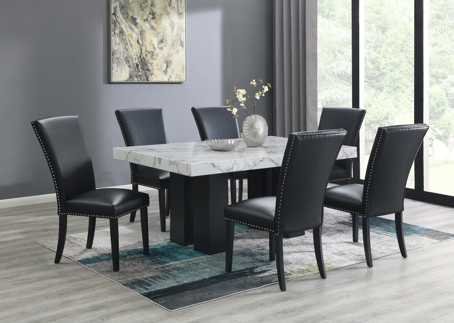 DINING TABLE & 6 SILVER LEATHER CHAIRS