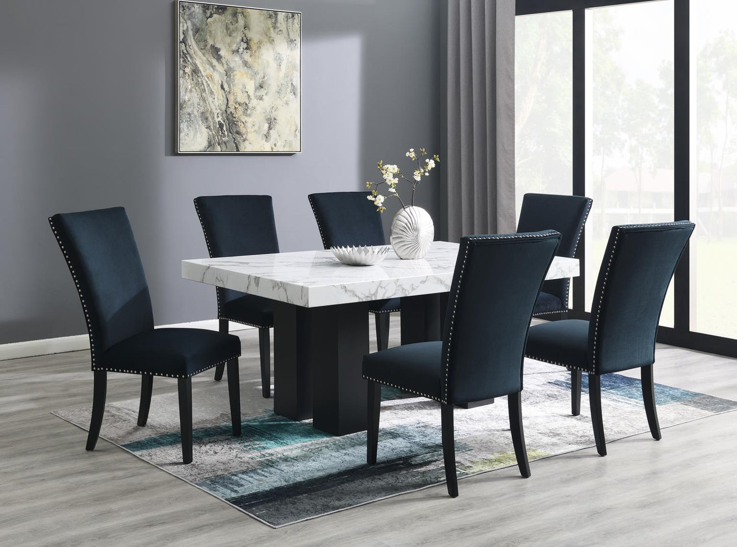 DINING TABLE & 6 SILVER LEATHER CHAIRS