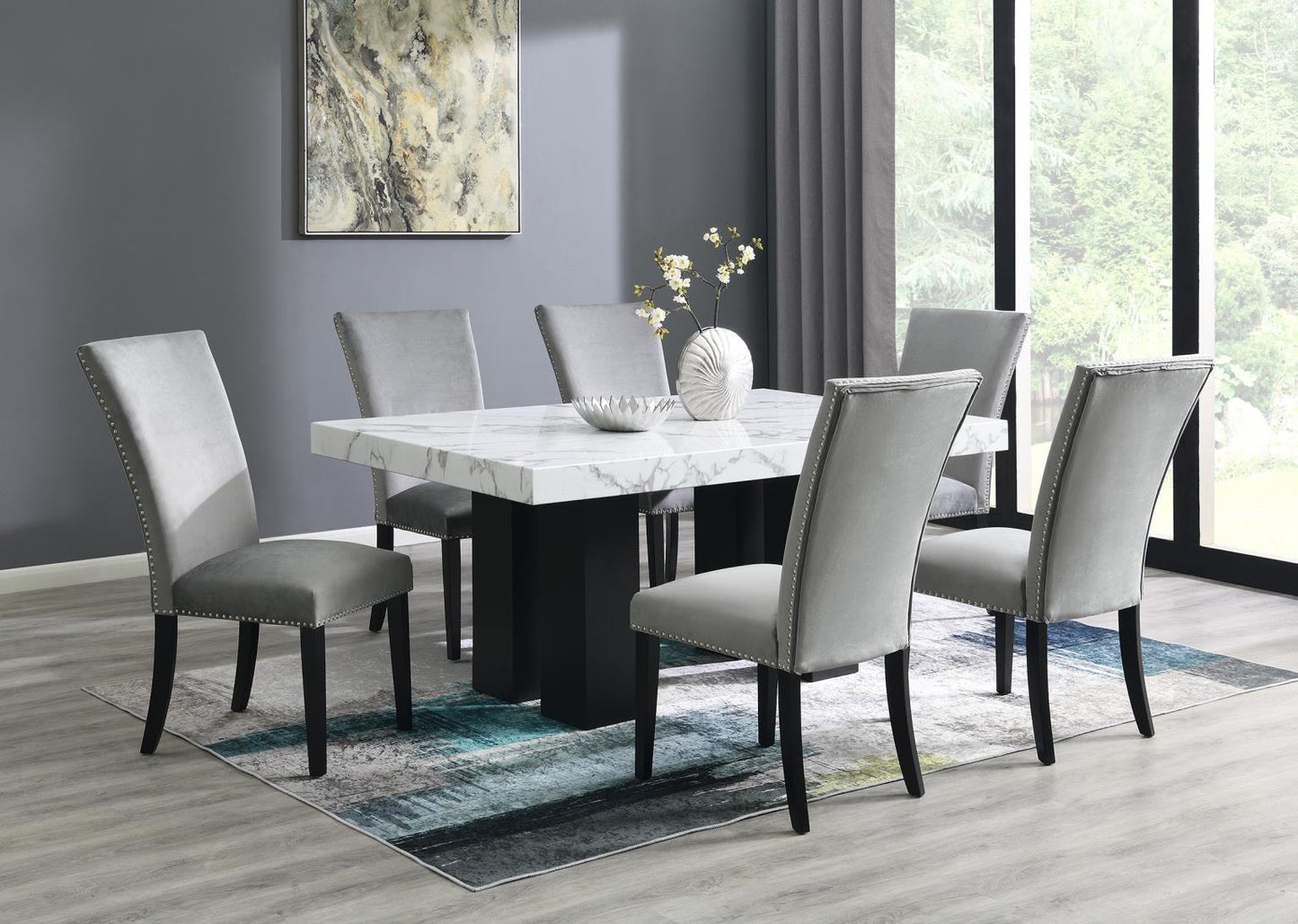DINING TABLE & 6 SILVER LEATHER CHAIRS