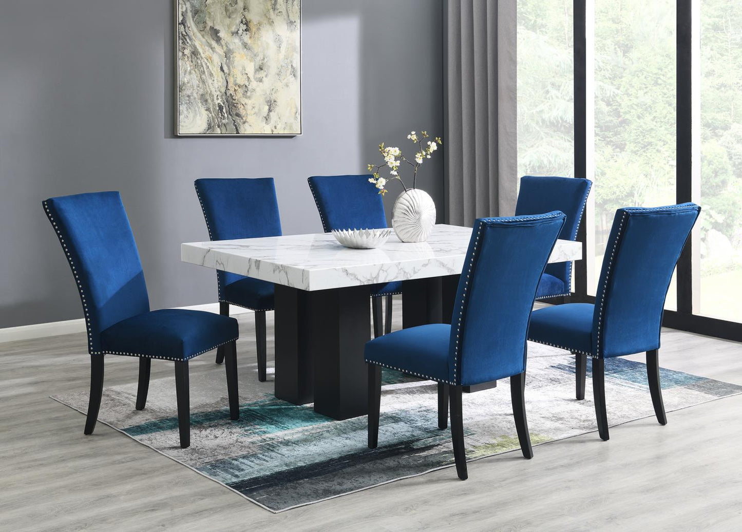 DINING TABLE & 6 SILVER LEATHER CHAIRS