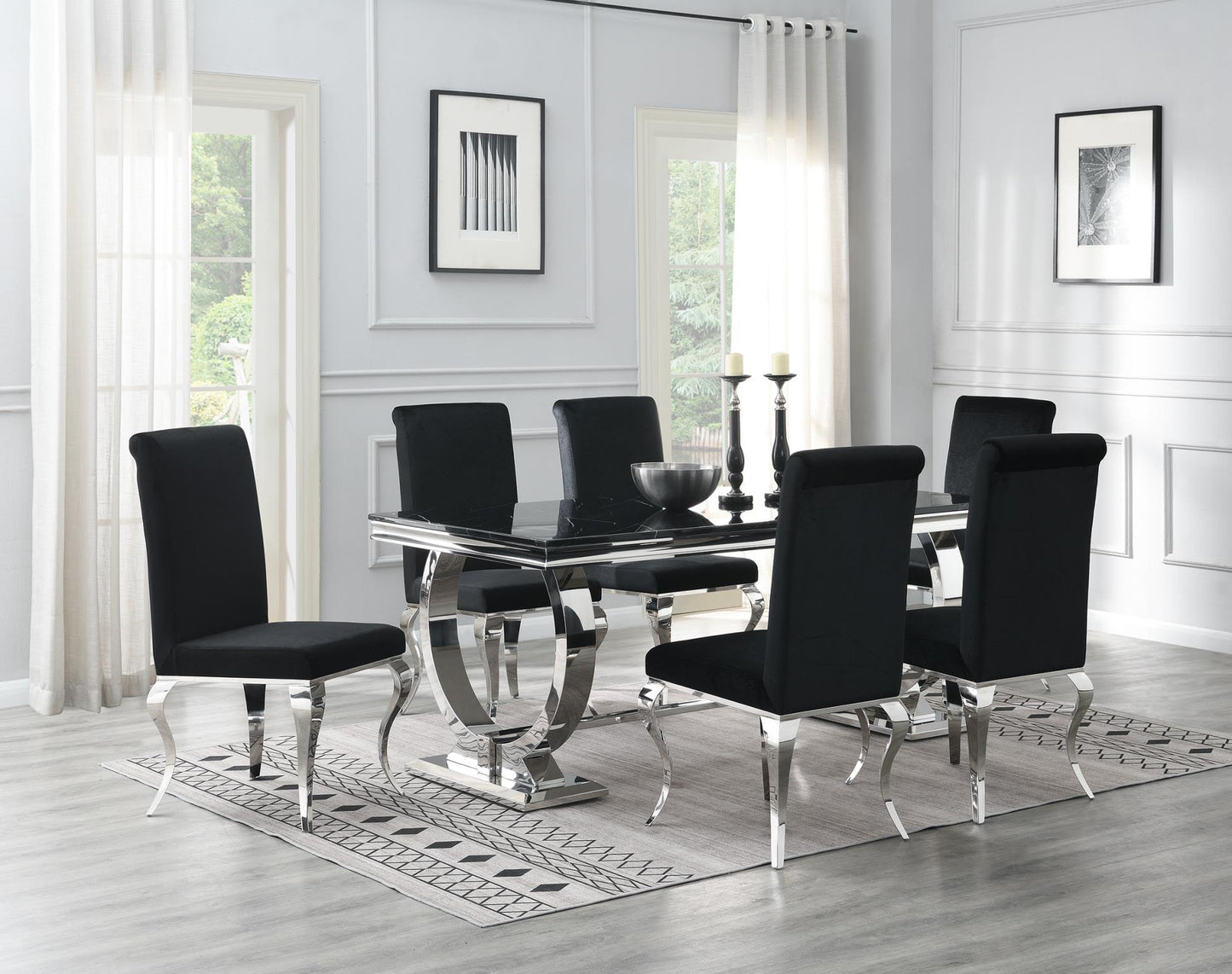 DINING TABLE (BLACK MARBLE) & 6 BLACK VELVET CHAIRS