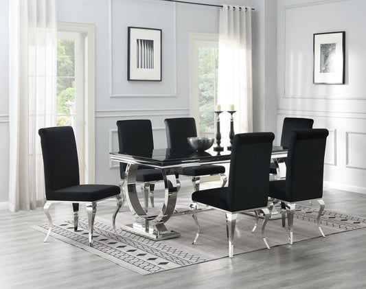 DINING TABLE (BLACK MARBLE) & 6 BLACK VELVET CHAIRS