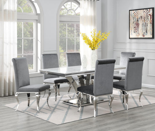 DINING TABLE (WHITE MARBLE) & 6 GRAY VELVET CHAIRS