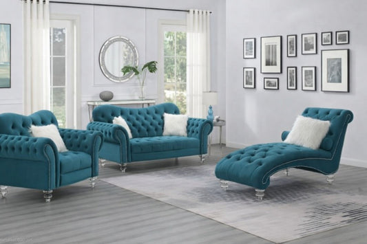 TURQUOISE VELVET LOVESEAT CHAIR & CHAISE