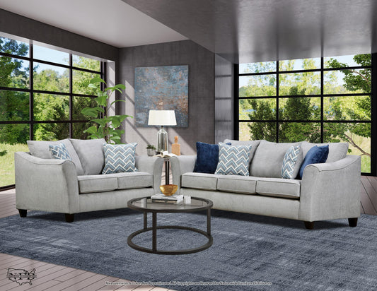U196 SOFA AND LOVESEAT LIGHT GREY TEXTURED FABRIC.