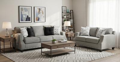 U246 SOFA AND LOVESEAT SOFT LIGHT GREY TEXTURED FABRIC.