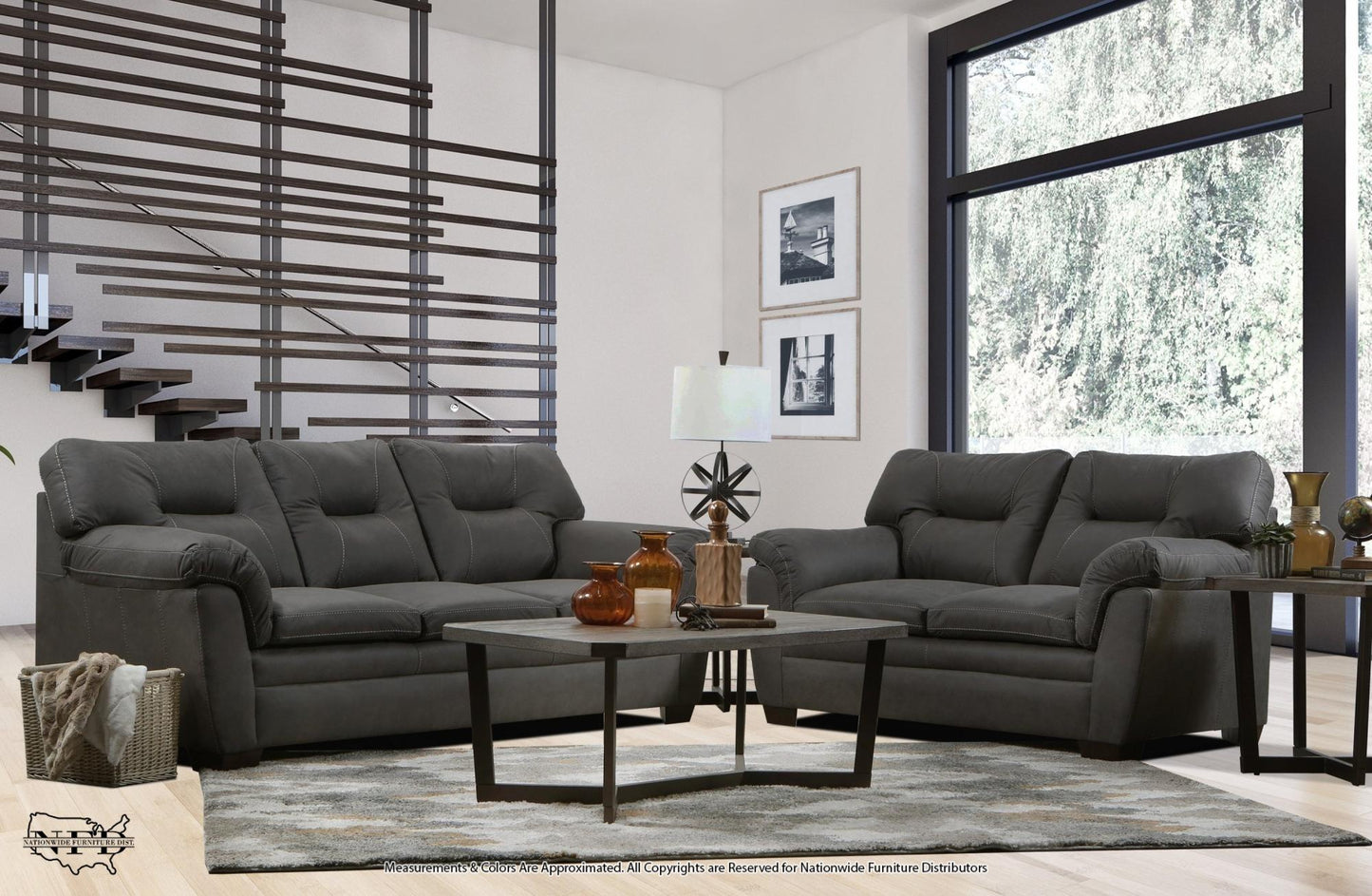 SOFA AND LOVESEAT DARK GREY UPHOLSTERED FABRIC.
