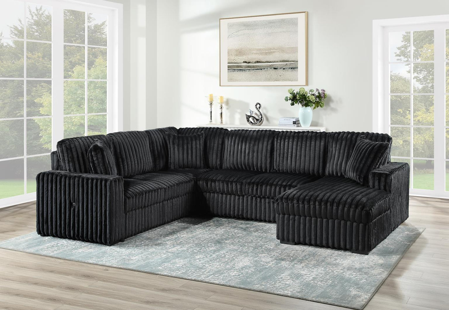 BLACK CORDUROY FABRIC 3 PC SECTIONAL W/USB