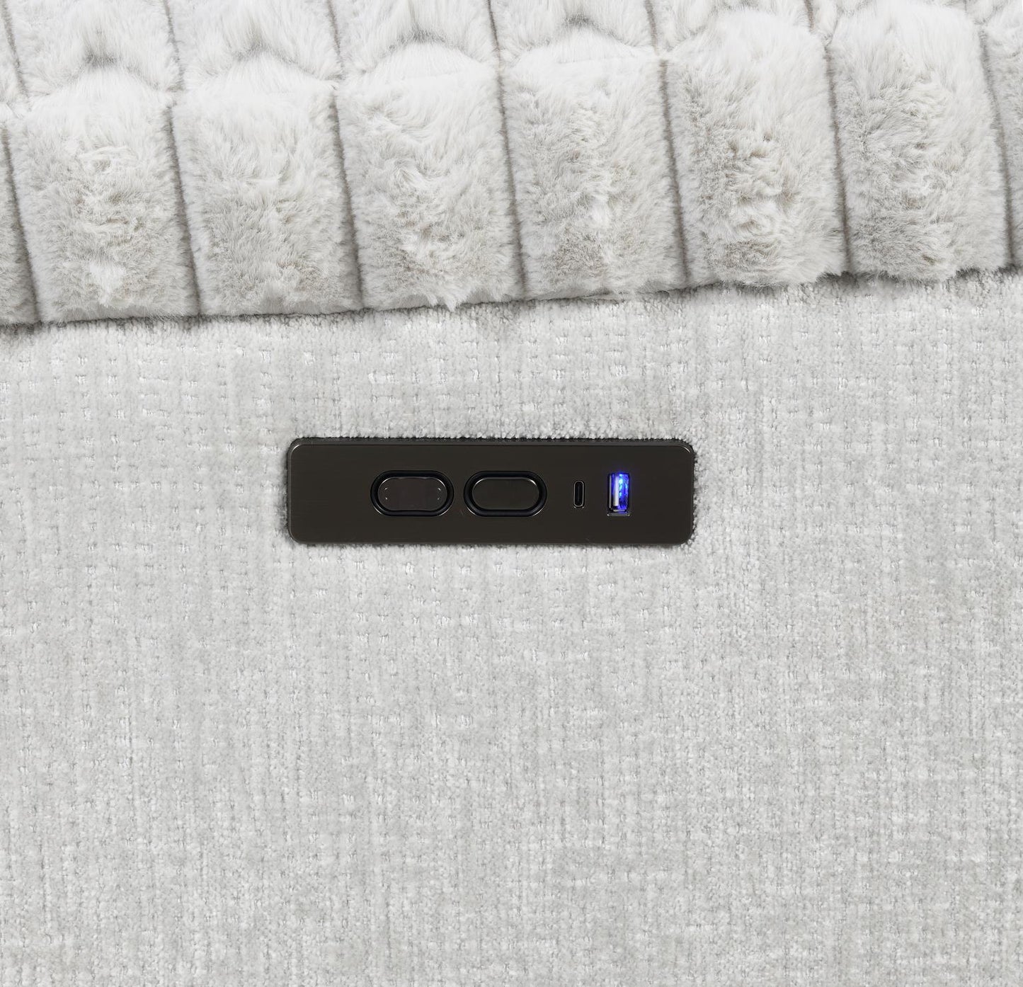 GRAY CORDUROY POWER 3 PC SECTIONAL W/BLUETOOTH SPEAKER, AND WIRELESS CHARGER