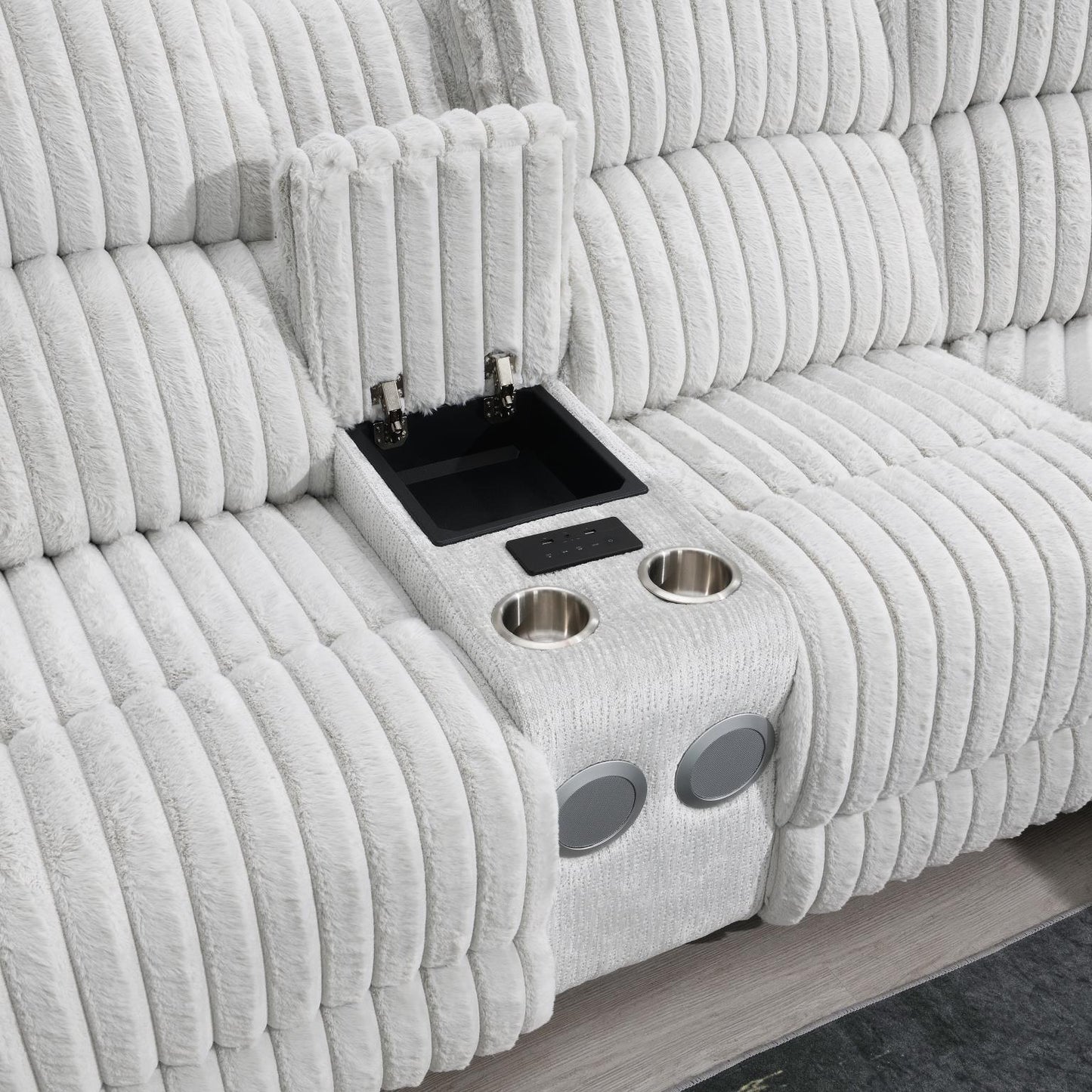 GRAY CORDUROY POWER 3 PC SECTIONAL W/BLUETOOTH SPEAKER, AND WIRELESS CHARGER